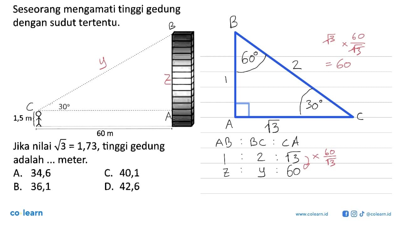 Seseorang mengamati tinggi gedung dengan sudut tertentu.