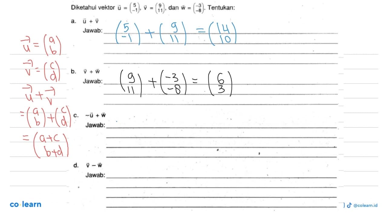 Diketahui vektor u=(5 -1), vektor v=(9 11), dan vektor