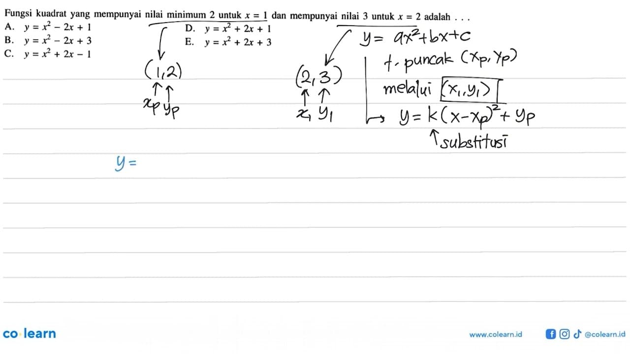 Fungsi kuadrat yang mempunyai nilai minimum 2 untuk x = 1