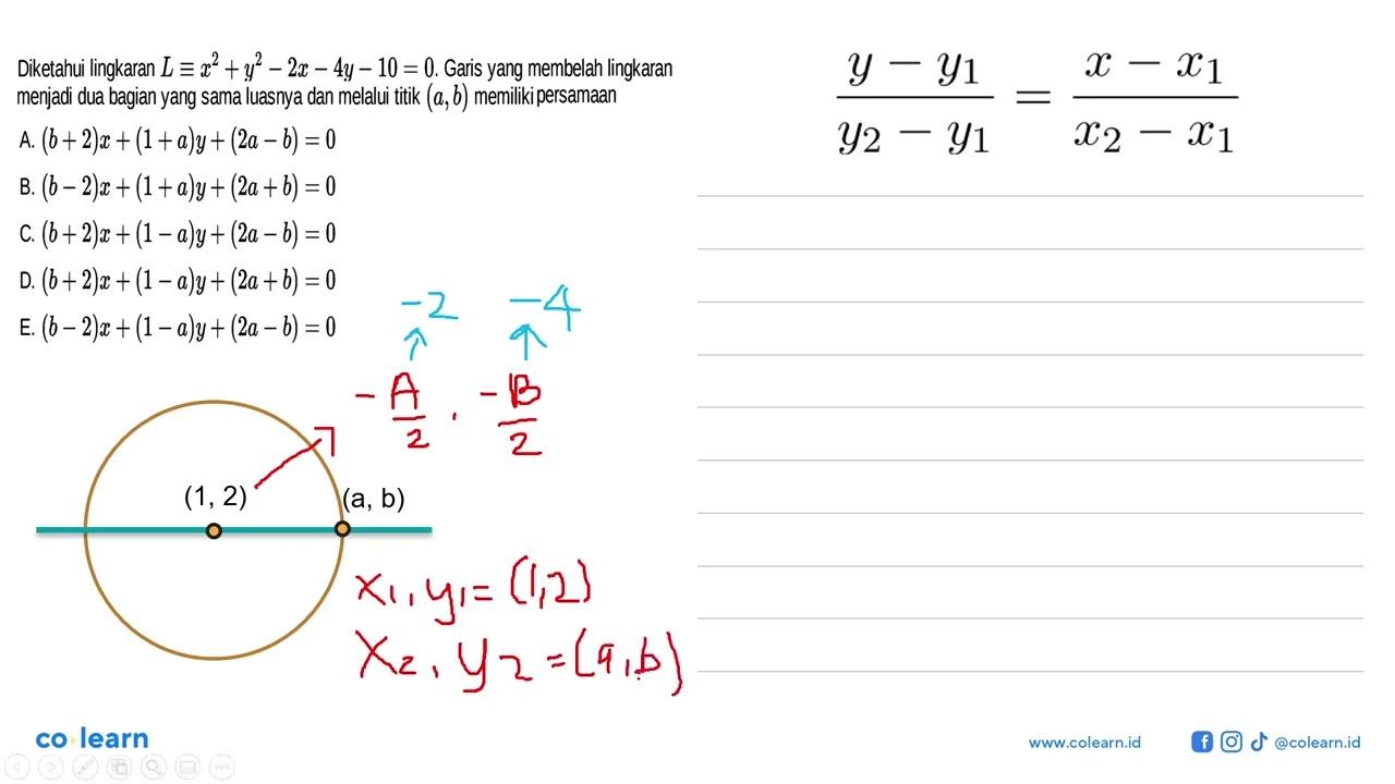 Diketahui lingkaran L ekuivalen x^2+y^2-2x-4y-10=0. Garis