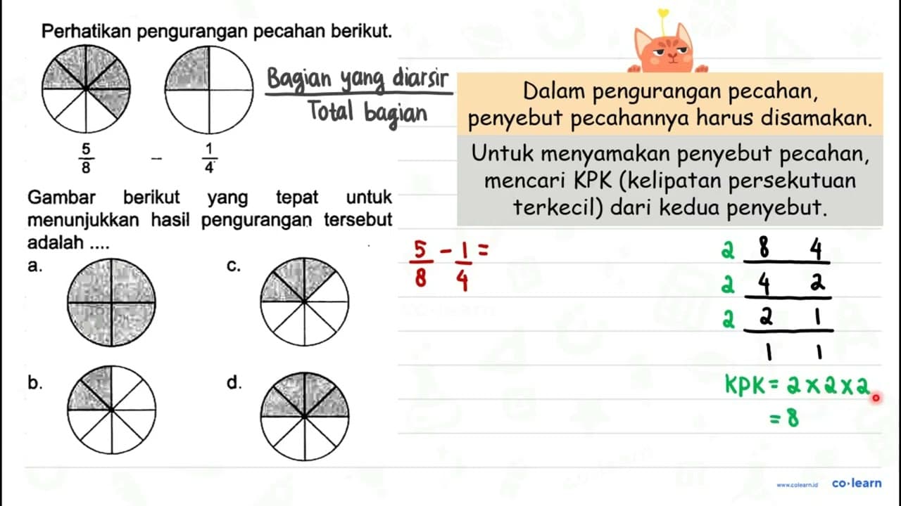 Perhatikan pengurangan pecahan berikut. Gambar berikut yang