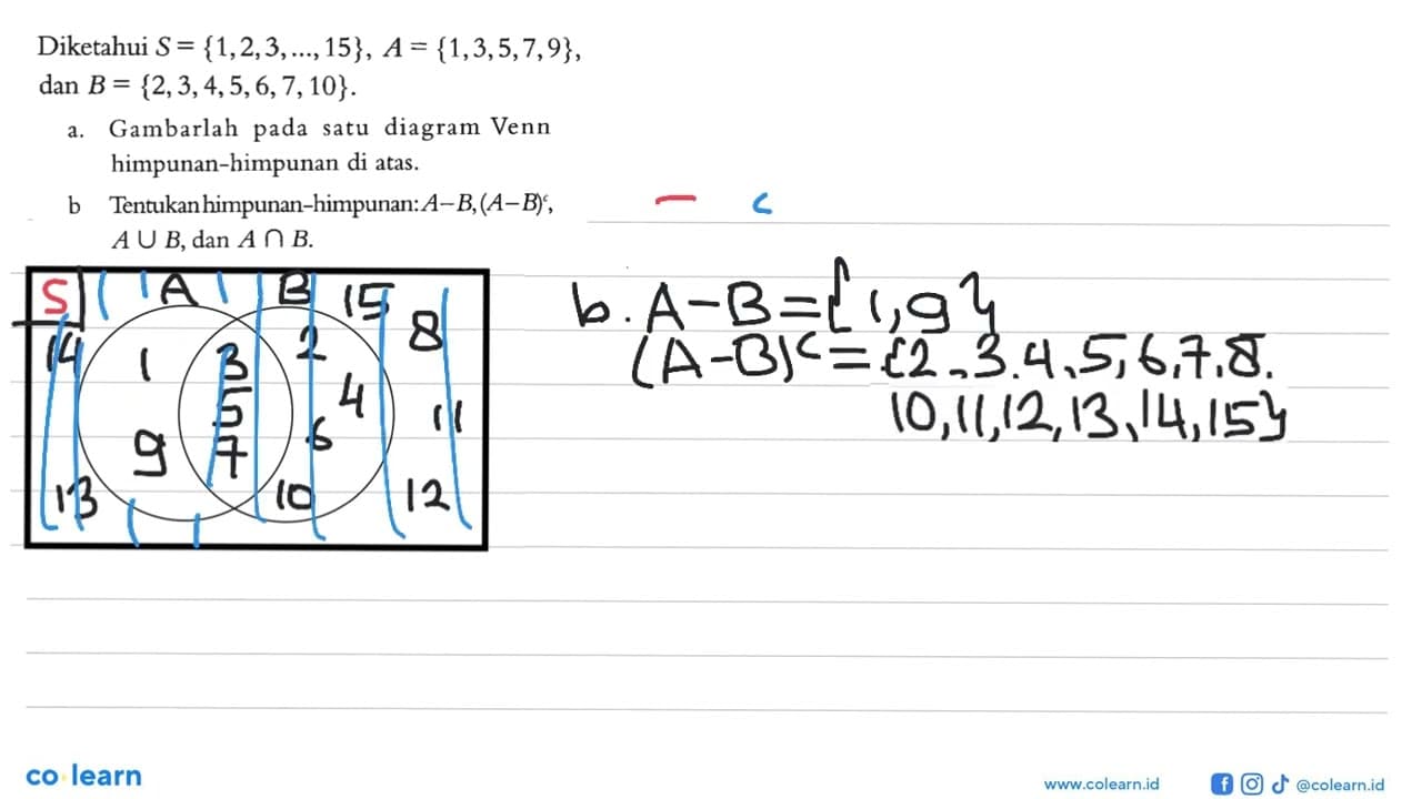 Diketahui S = {1,2,3,...,15}, A = {1,3,5,7,9}, dan B =