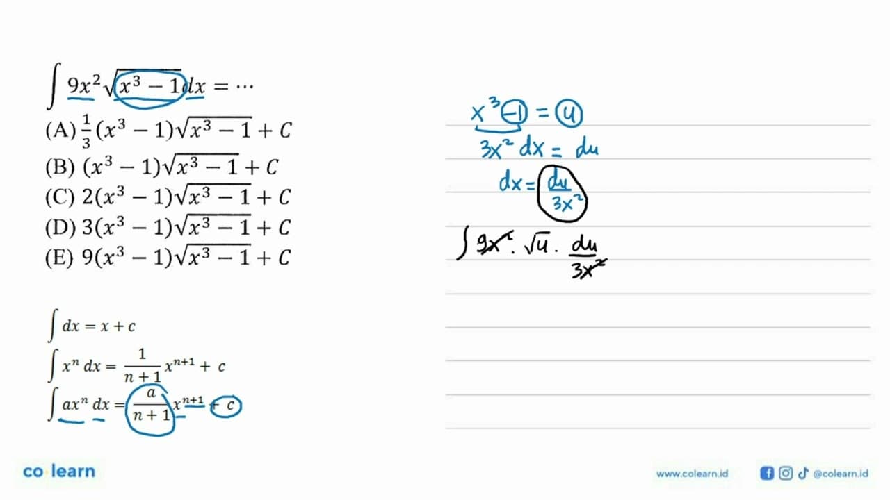 integral 9x^2 akar(x^3-1) dx=....