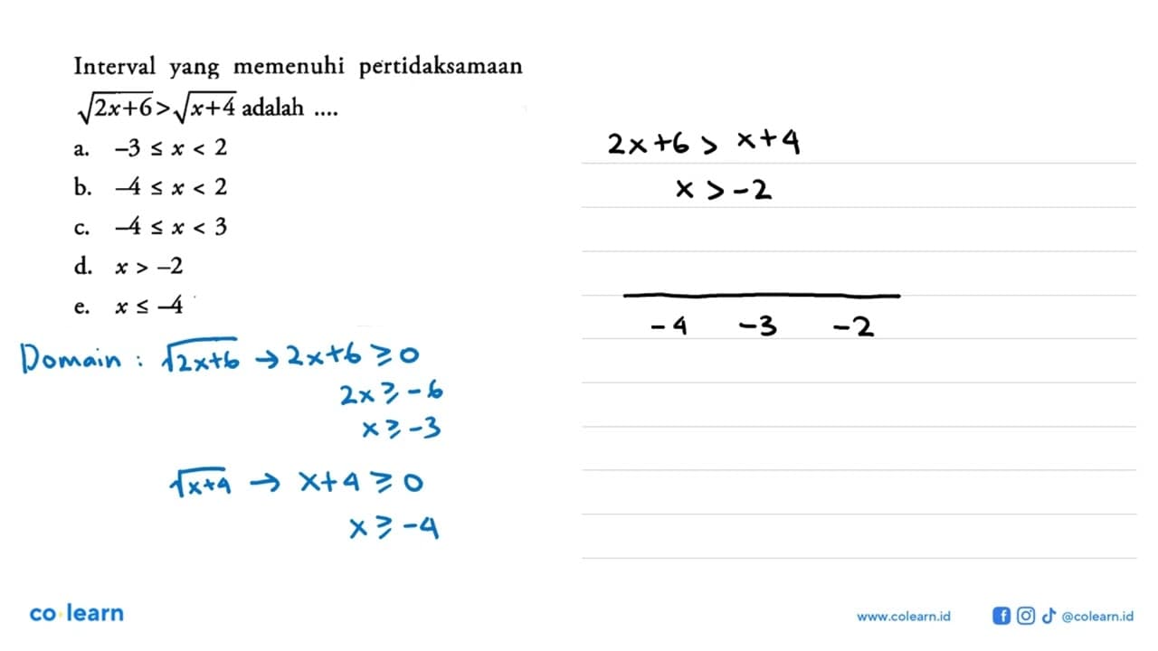 Interval yang memenuhi pertidaksamaan akar(2x+6)>akar(x+4)