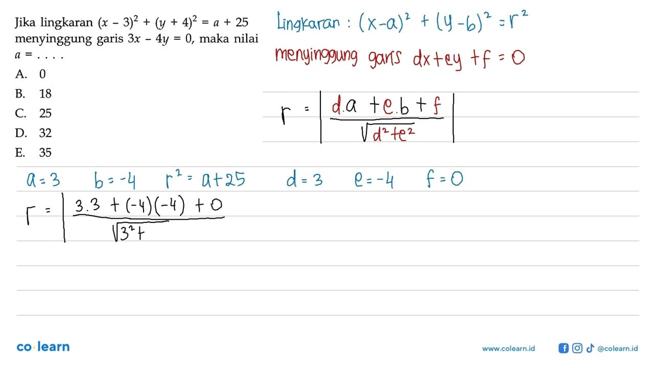 Jika lingkaran (x-3)^2+(y+4)^2=a+25 menyinggung garis