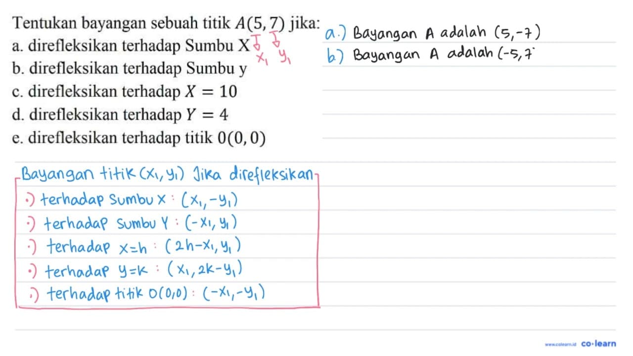 Tentukan bayangan sebuah titik A(5,7) jika: a.