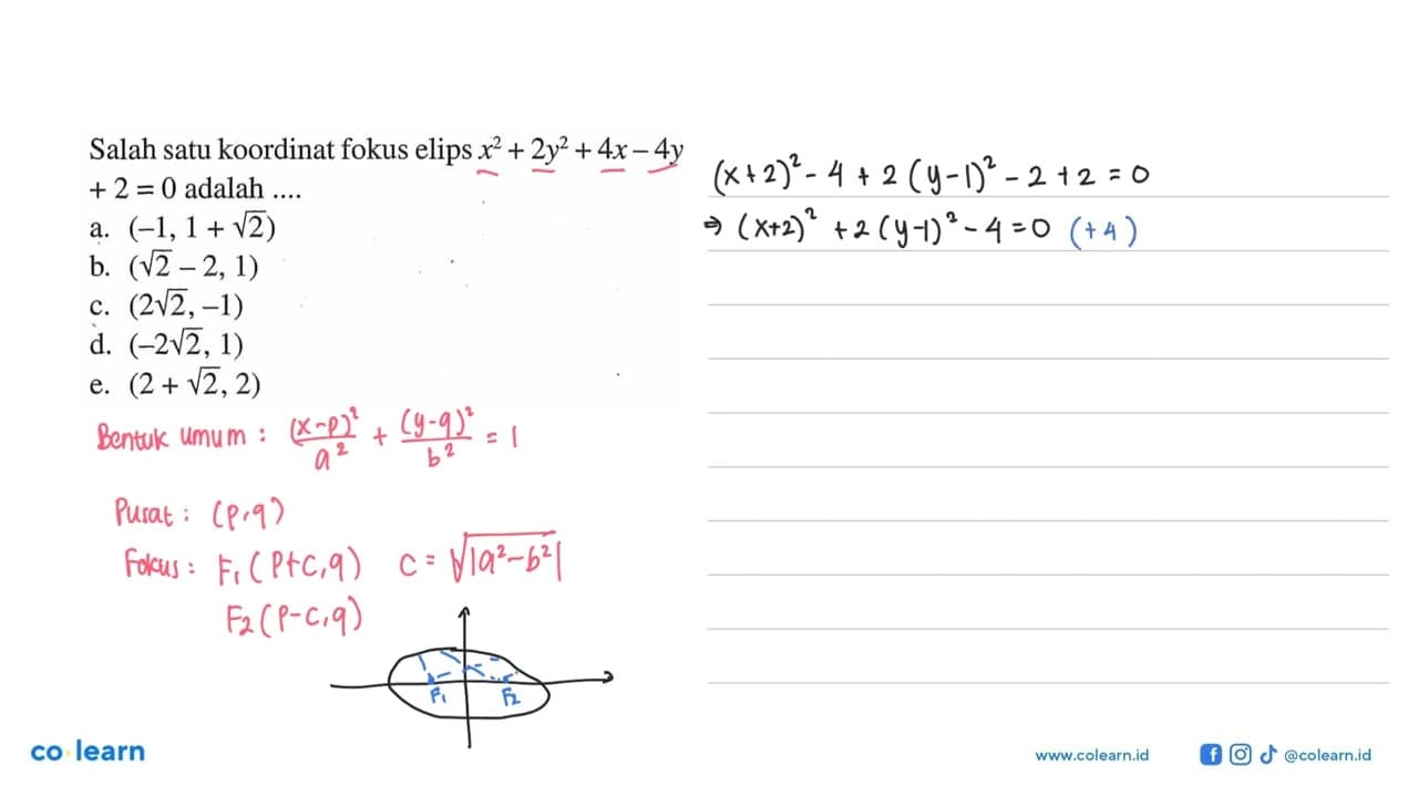 Salah satu koordinat fokus elips x^2+2y^2+4x-4y+2=0 adalah