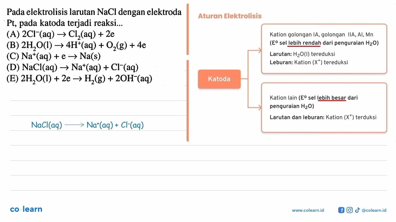 Pada elektrolisis larutan NaCl dengan elektroda Pt, pada