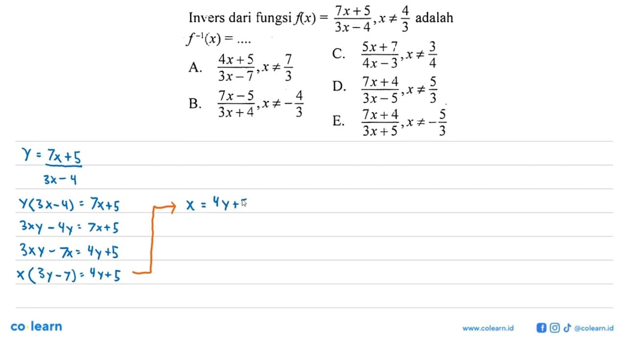 Invers dari fungsi f(x)=(7x+5)/(3 x-4), x =/= 4/3 adalah