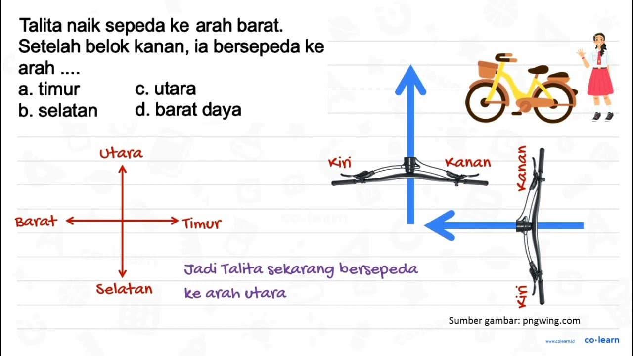 Talita naik sepeda ke arah barat. Setelah belok kanan, ia