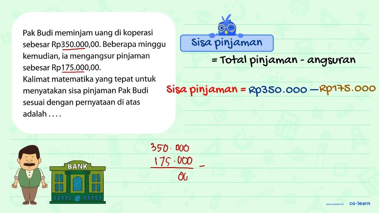 Pak Budi meminjam uang di koperasi sebesar Rp350.000,00.