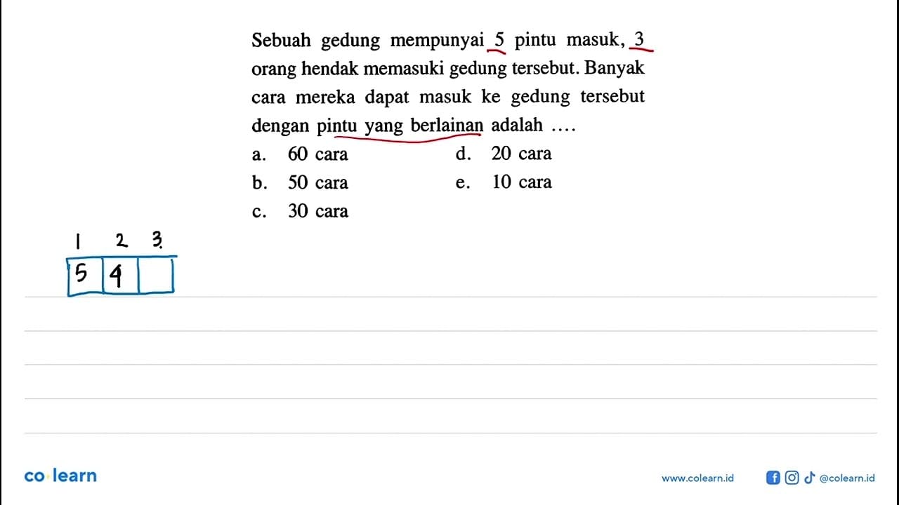 Sebuah gedung mempunyai 5 pintu masuk, 3 orang hendak