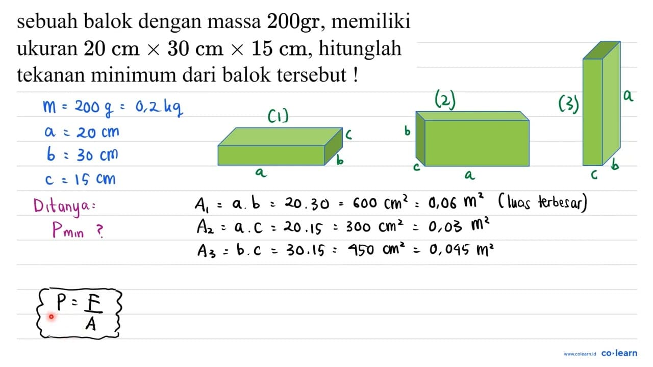 sebuah balok dengan massa 200 gr , memiliki ukuran 20 cm x