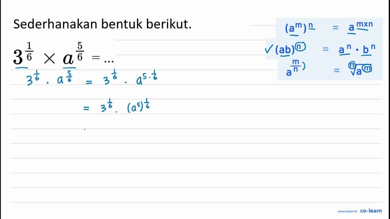 3^((1)/(6)) x a^((5)/(6))=. .