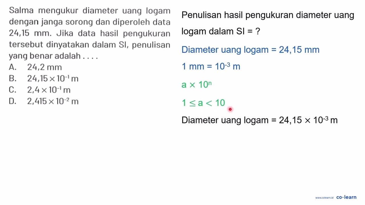 Salma mengukur diameter uang logam dengan janga sorong dan