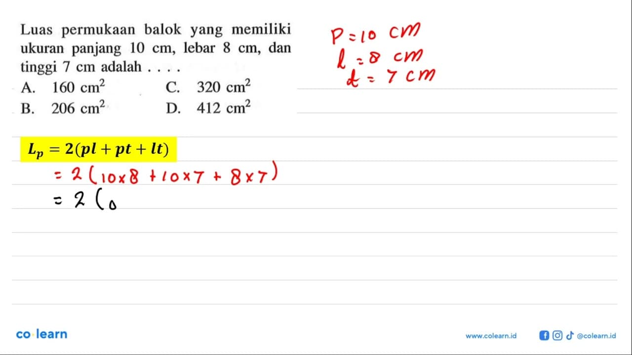 Luas permukaan balok yang memiliki ukuran panjang 10