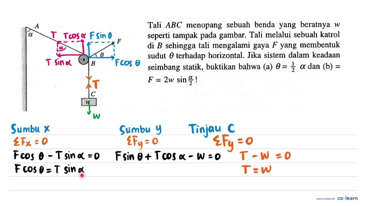 Tali ABC menopang sebuah benda yang beratnya w seperti