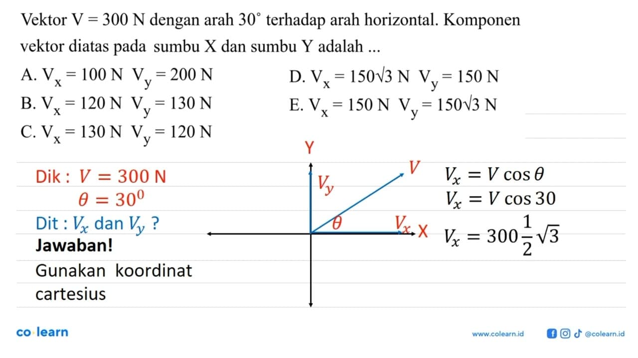 Vektor V=300 N dengan arah 30 terhadap arah horizontal.