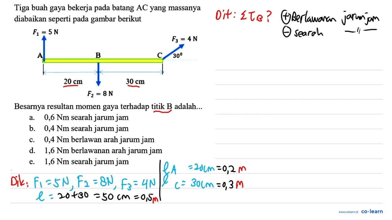 Tiga buah gaya bekerja pada batang AC yang massanya