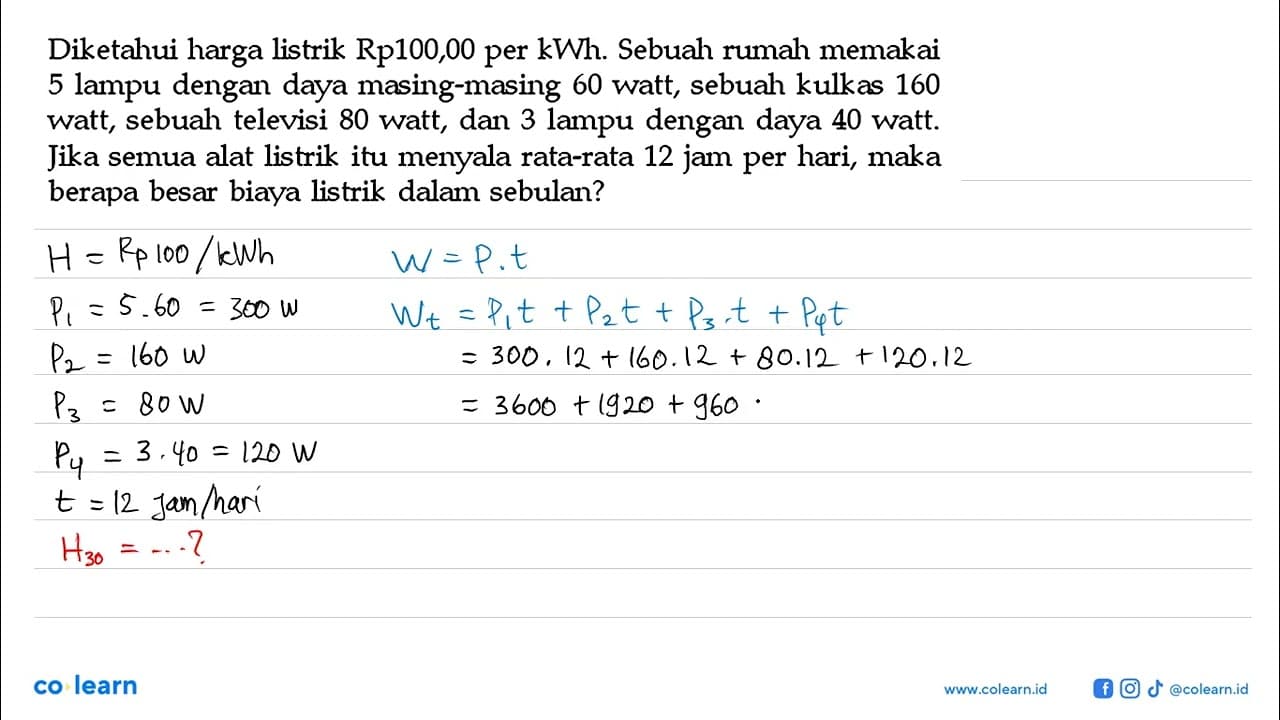 Diketahui harga listrik Rp100,00 per kWh. Sebuah rumah