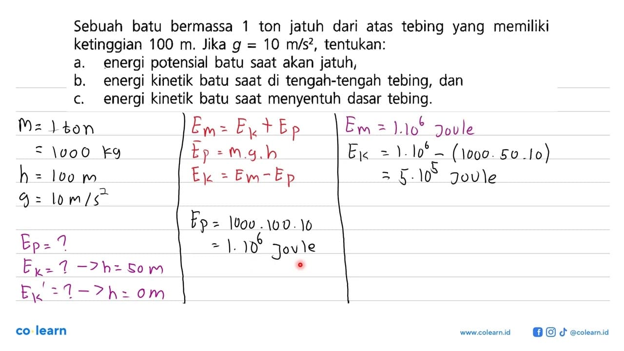 Sebuah batu bermassa 1 ton jatuh dari atas tebing yang