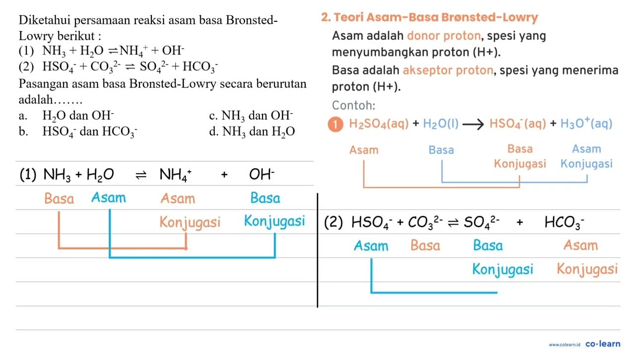 Diketahui persamaan reaksi asam basa Bronsted-Lowry