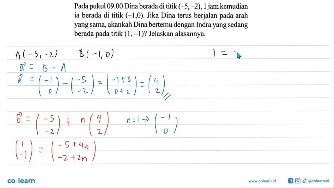 Pada pukul 09.00 Dina berada di titik (-5,-2), 1 jam