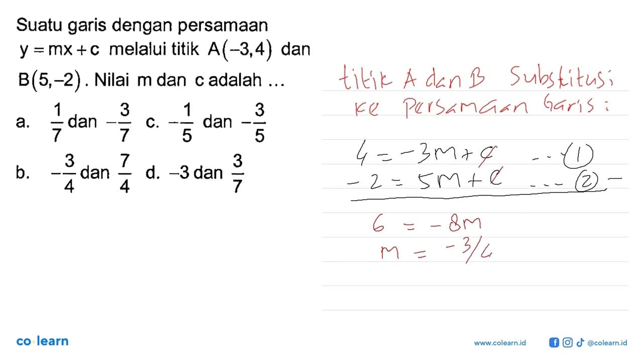 Suatu garis dengan persamaan y = mx + c melalui titik A(-3,