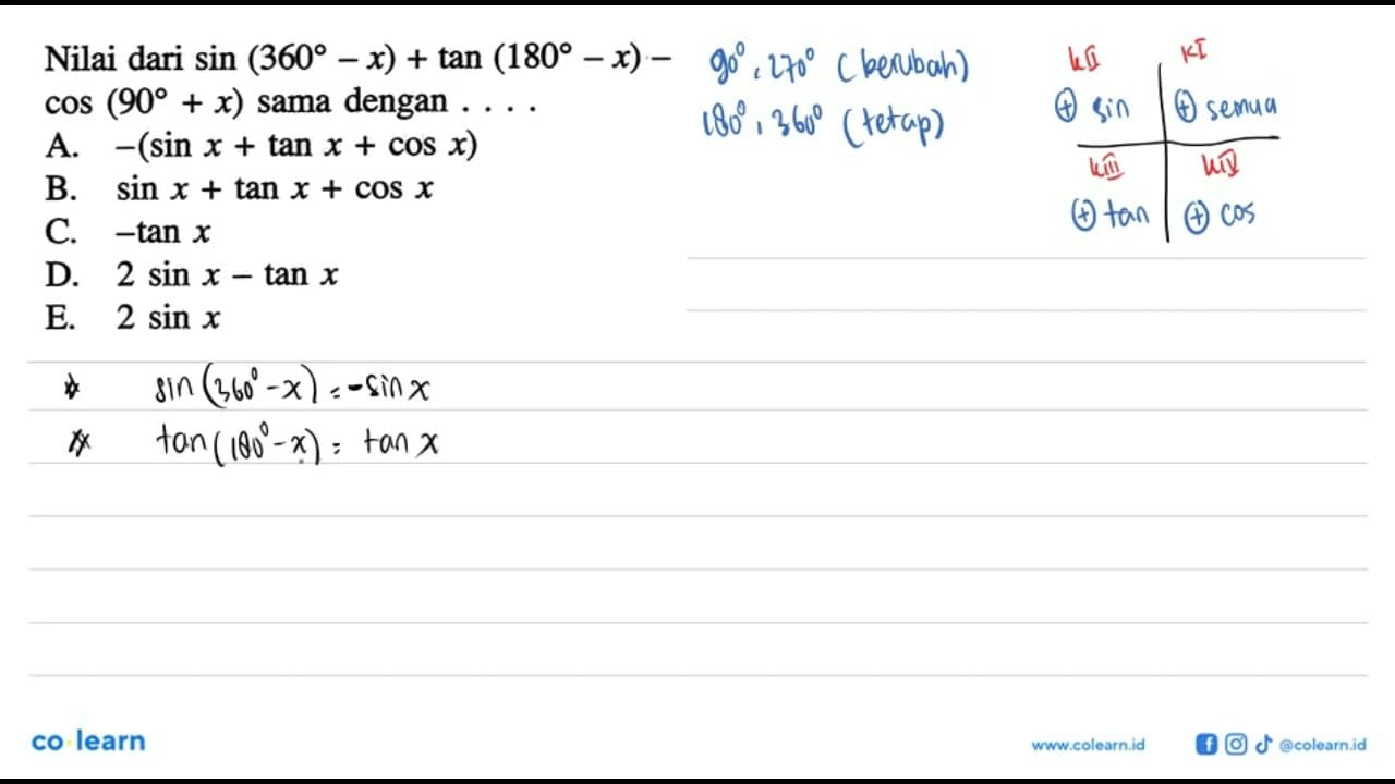 Nilai dari sin (360-x)+tan(180-x)-cos (90+x) sama dengan