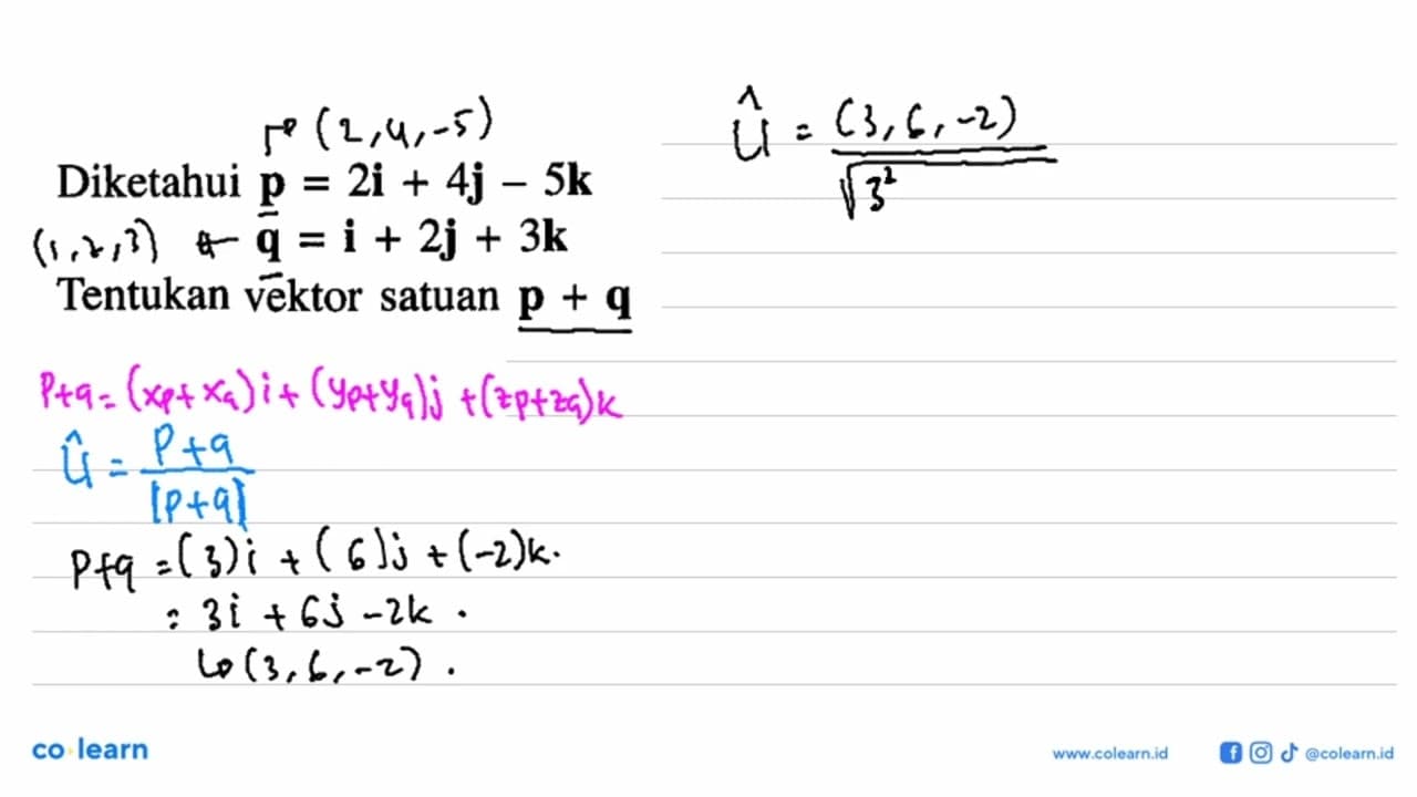 Diketahui p=2i+4j-5k q=i+2j+3k Tentukan vektor satuan p+q