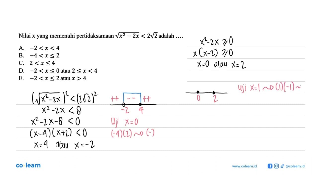 Nilai x yang memenuhi pertidaksamaan akar(x^2-2x)<2 akar(2)