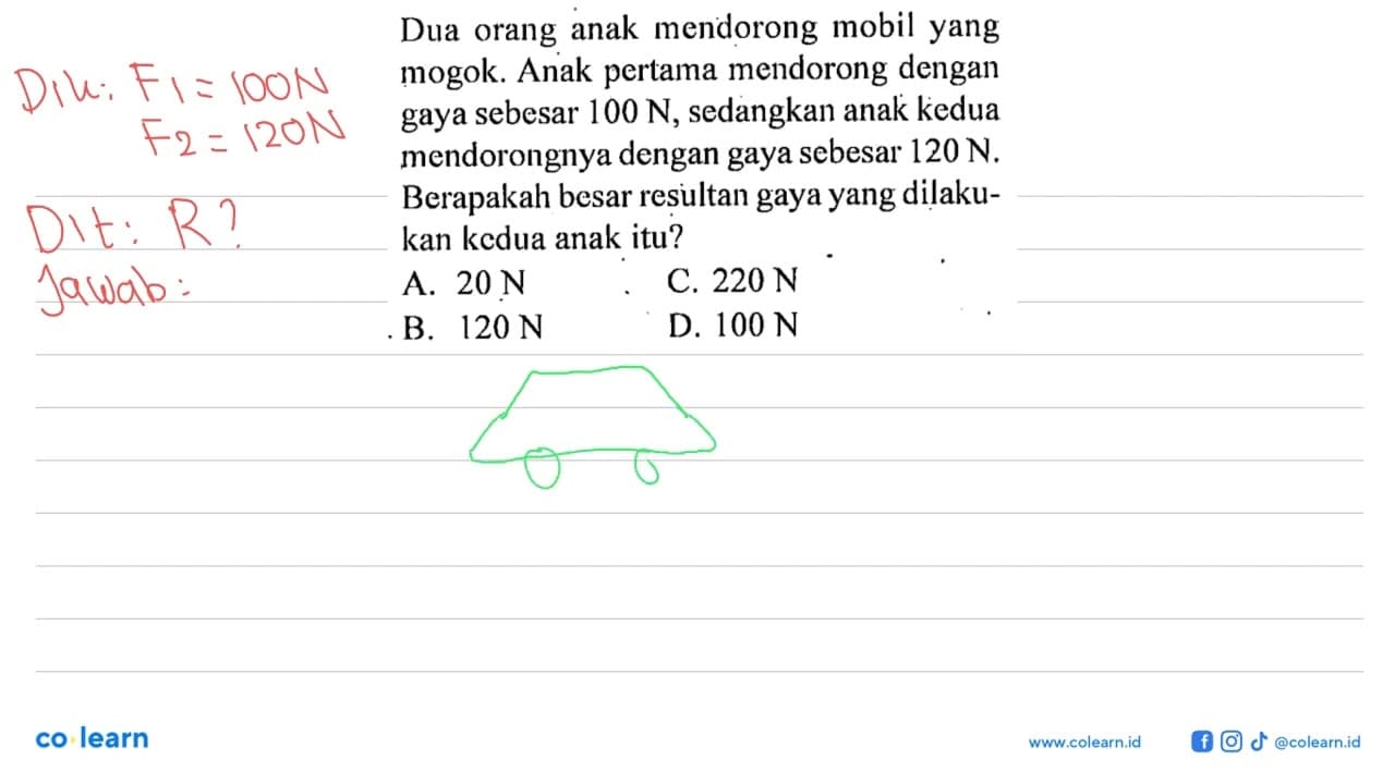 Dua orang anak mendorong mobil yang mogok. Anak pertama