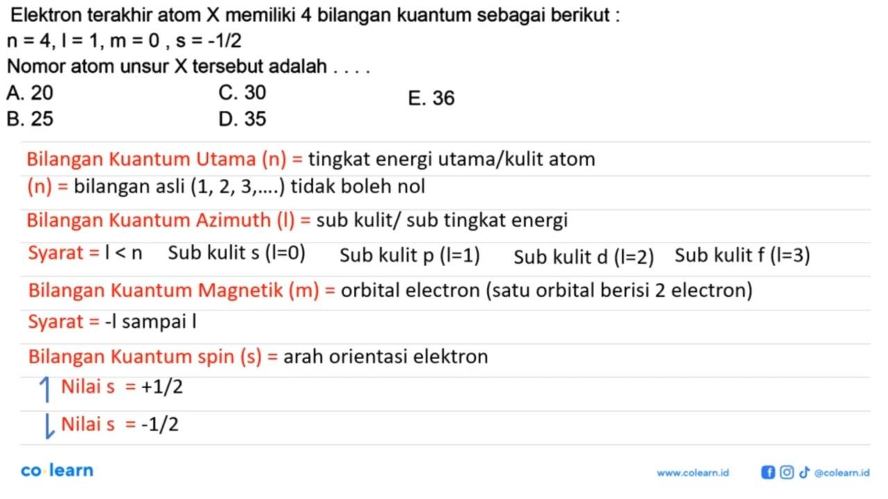 Elektron terakhir atom X memiliki 4 bilangan kuantum