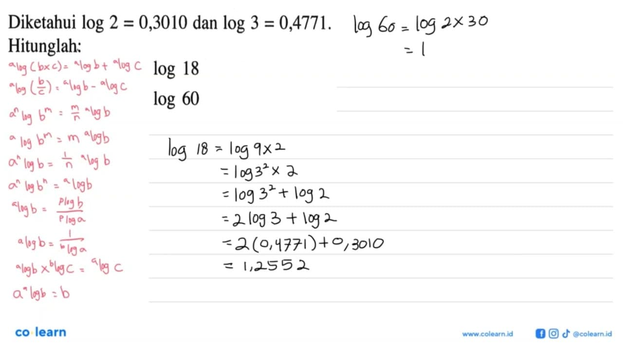 Diketahui log2=0,3010 dan log3=0,4771. Hitunglah: log(18)