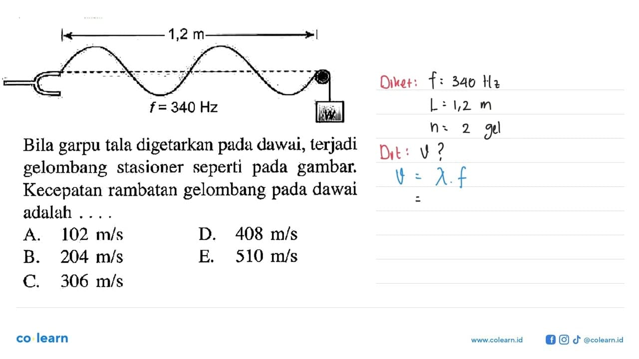 1,2 m f=340 Hz. Bila garpu tala digetarkan pada dawai,