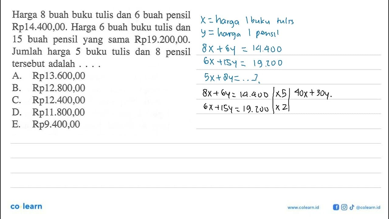 Harga 8 buah buku tulis dan 6 buah pensil Rp14.400,00.