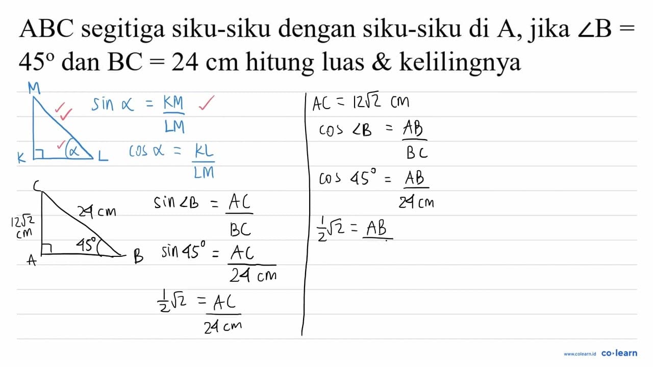 ABC segitiga siku-siku dengan siku-siku di A, jika sudut B=