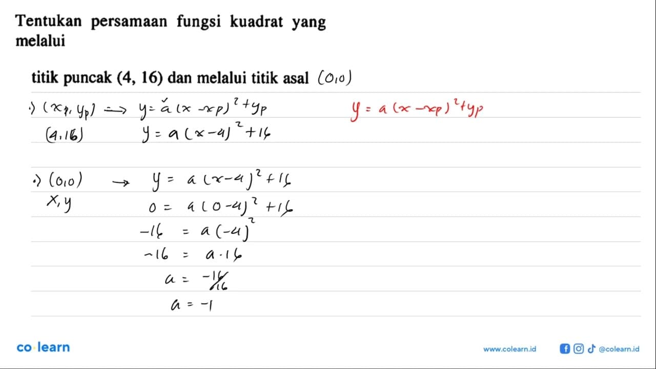 Tentukan persamaan fungsi kuadrat yang melaluititik puncak