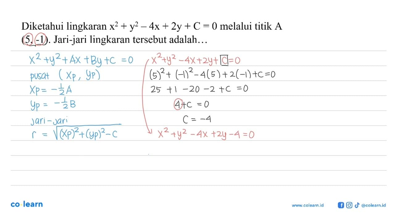 Diketahui lingkaran x^2+y^2-4x+2y+C=0 melalui titik A