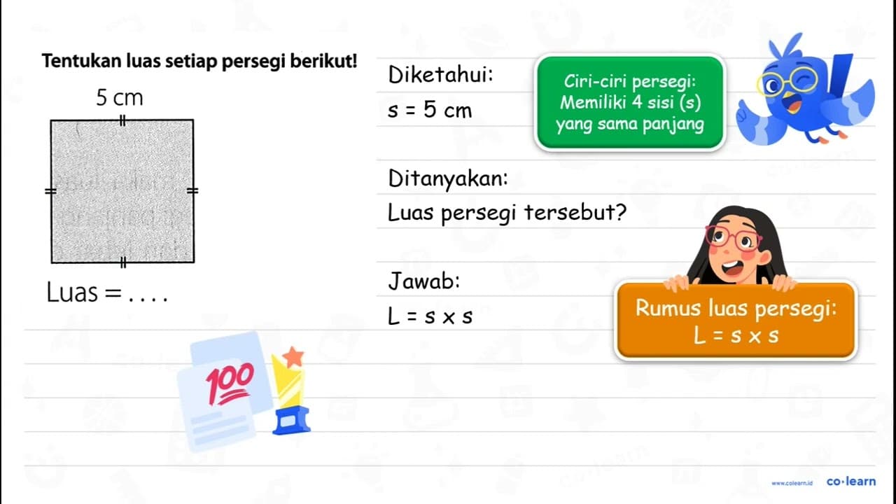 Tentukan luas setiap persegi berikut! { LUAS )=...