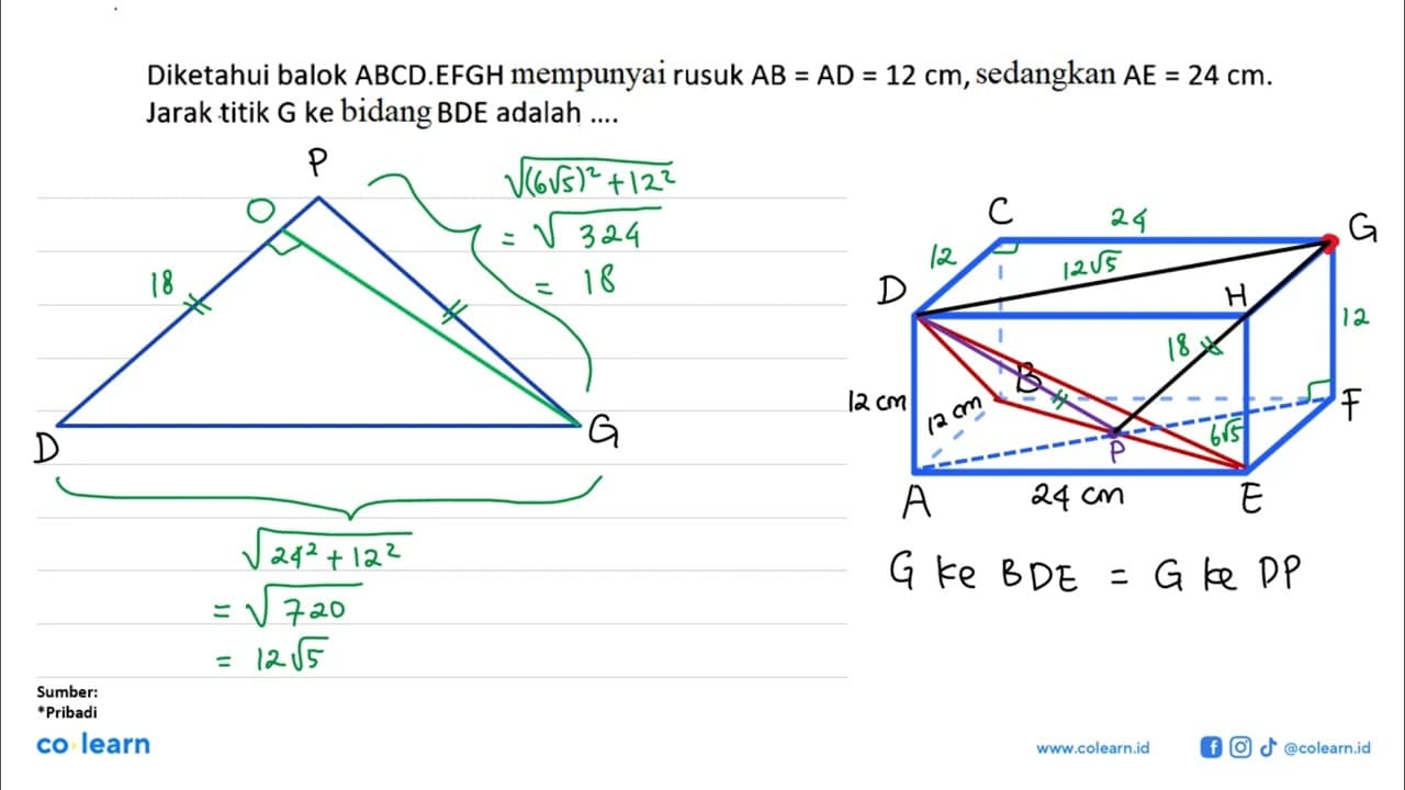 Diketahui balok ABCD.EFGH mempunyai rusuk AB = AD = 12 cm,