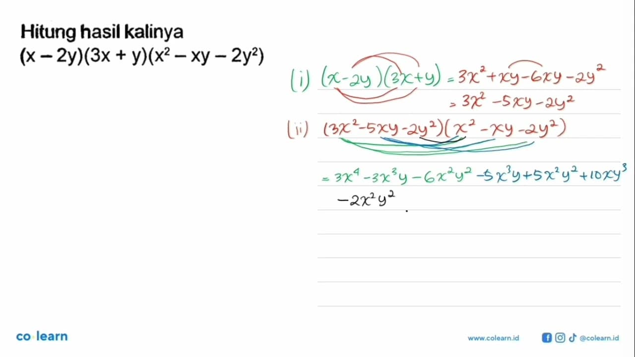 Hitung hasil kalinya (x-2y)(3x+y)(x^2-xy-2y^2)