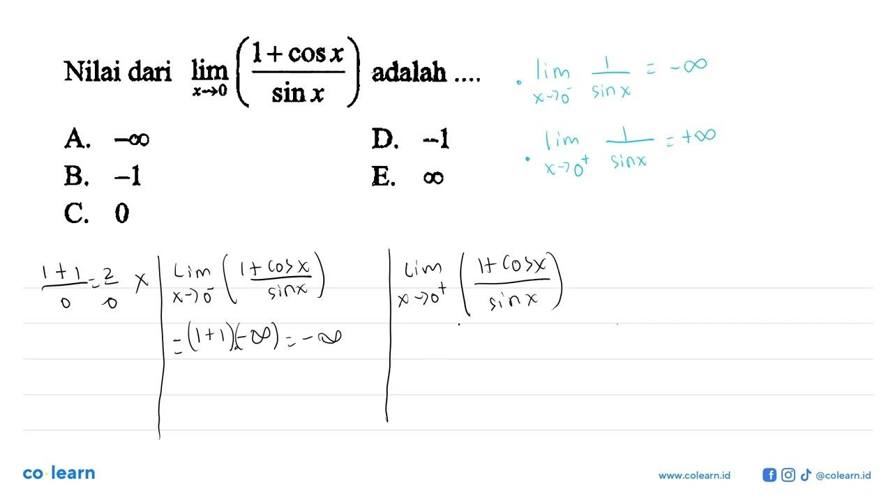 Nilai dari lim x->0 ((1+cosx)/(sinx)) adalah ....