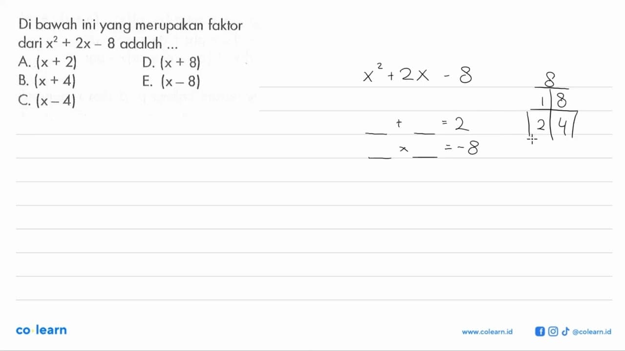 Di bawah ini yang merupakan faktor dari x^2+2x-8 adalah ...