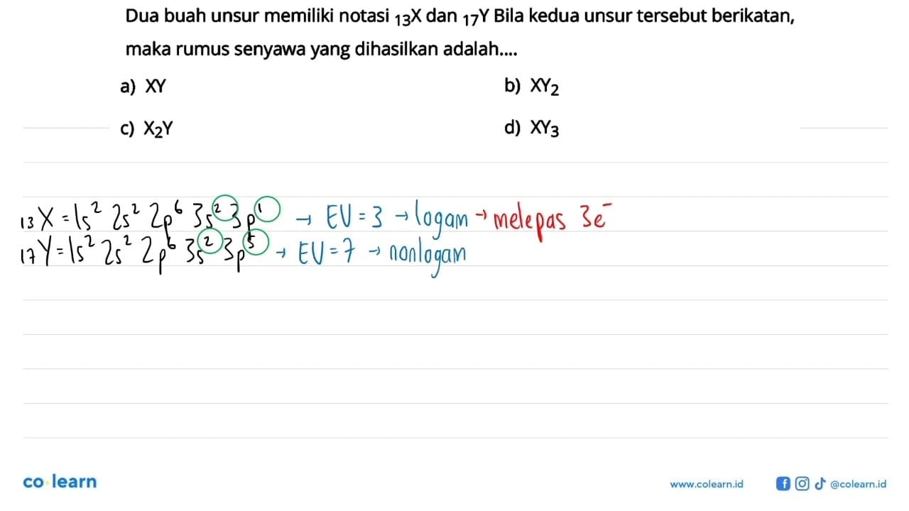 Dua buah unsur memiliki notasi 13X dan 17 Y Bila kedua