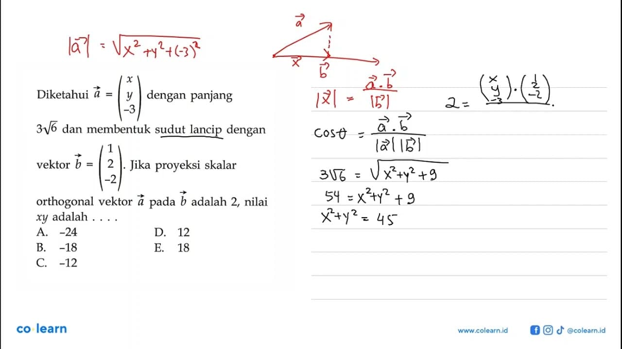 Diketahui vektor a=(x y -3) dengan panjang 3 akar(6) dan