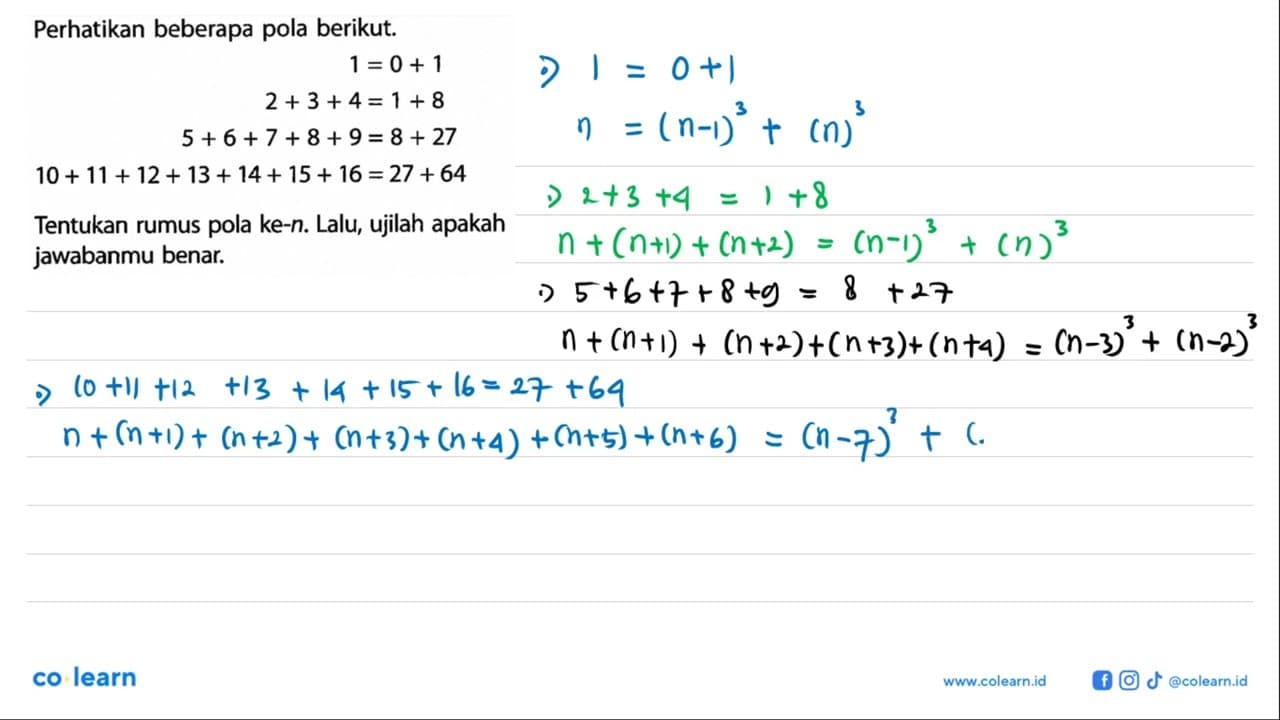 Perhatikan beberapa pola berikut. 1 =0+ 1 2 + 3+4=1+8