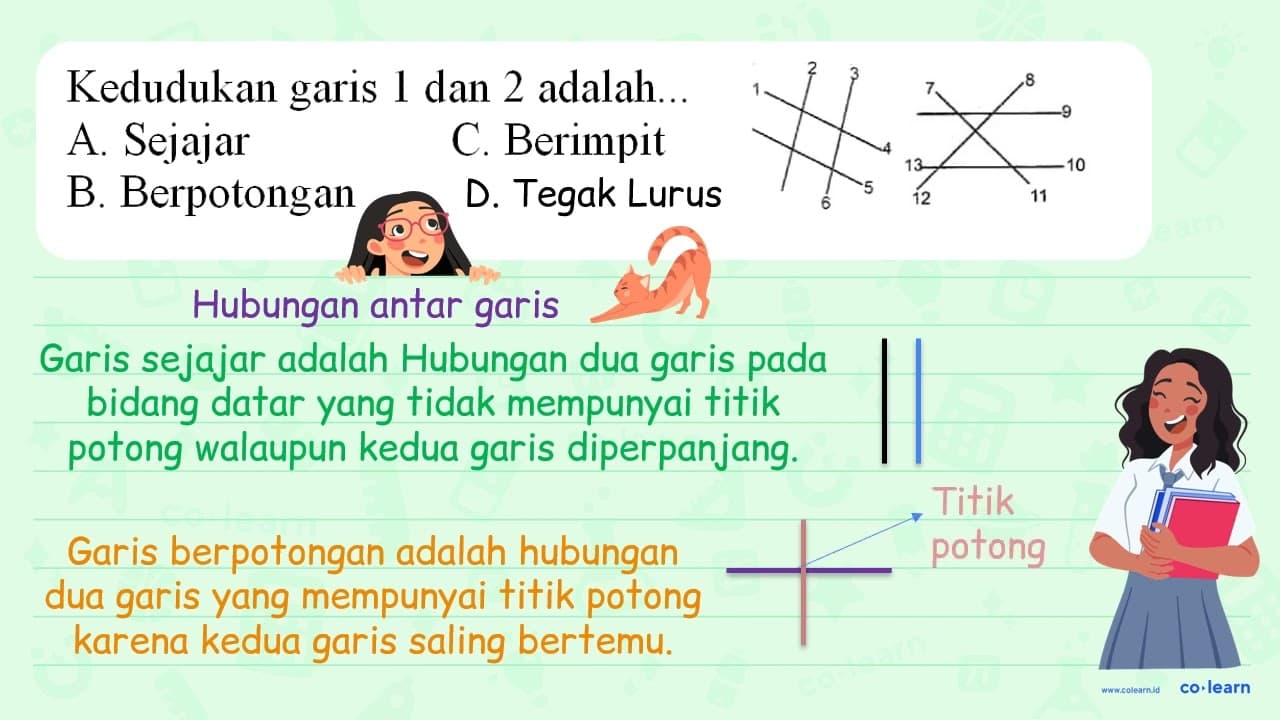 Kedudukan garis 1 dan 2 adalah... A. Sejajar C. Berimpit B.