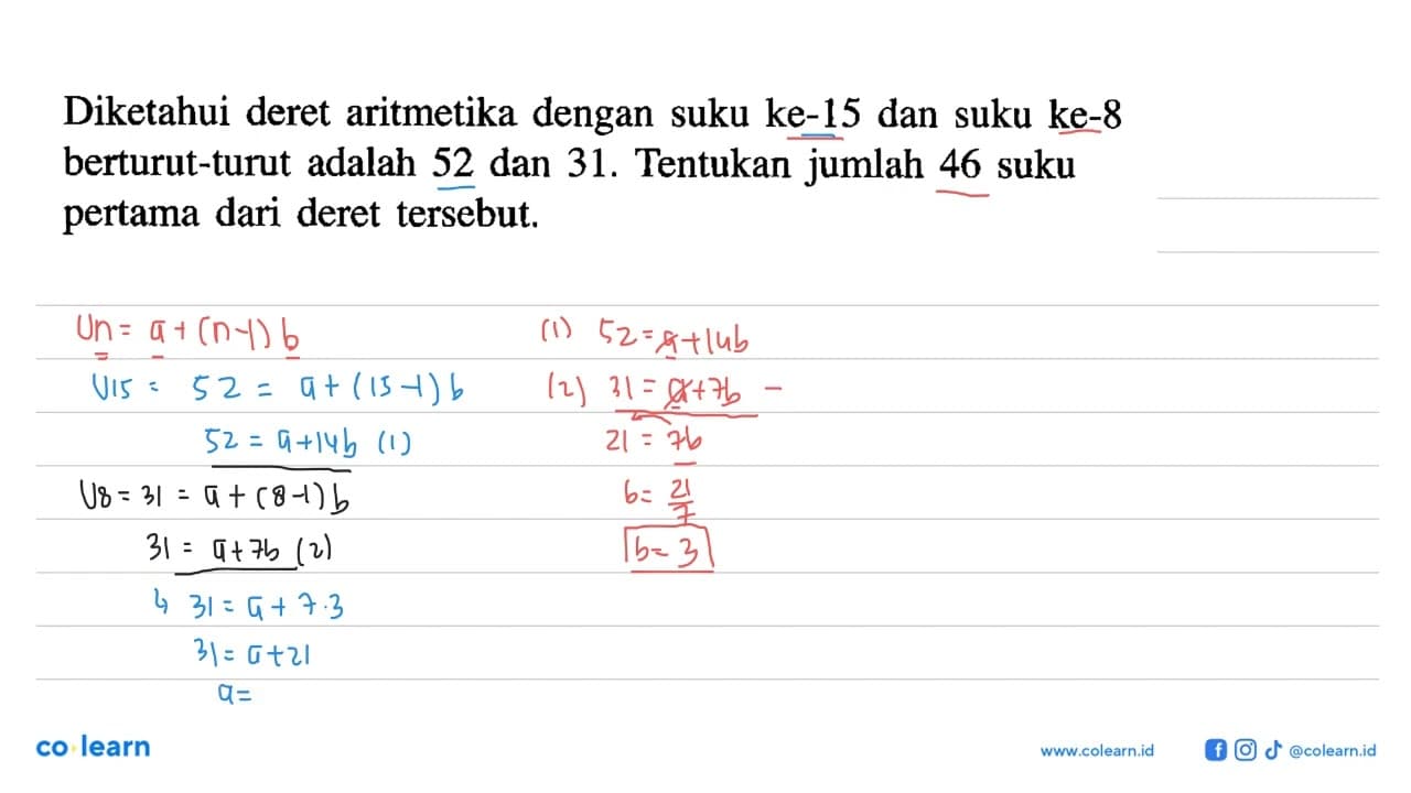 Diketahui deret aritmetika dengan suku ke-15 dan suku ke-8