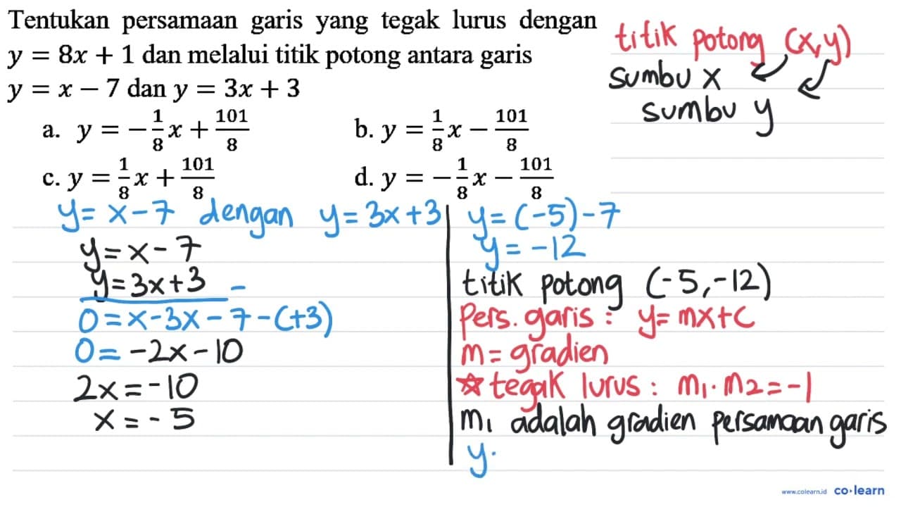 Tentukan persamaan garis yang tegak lurus dengan y=8 x+1